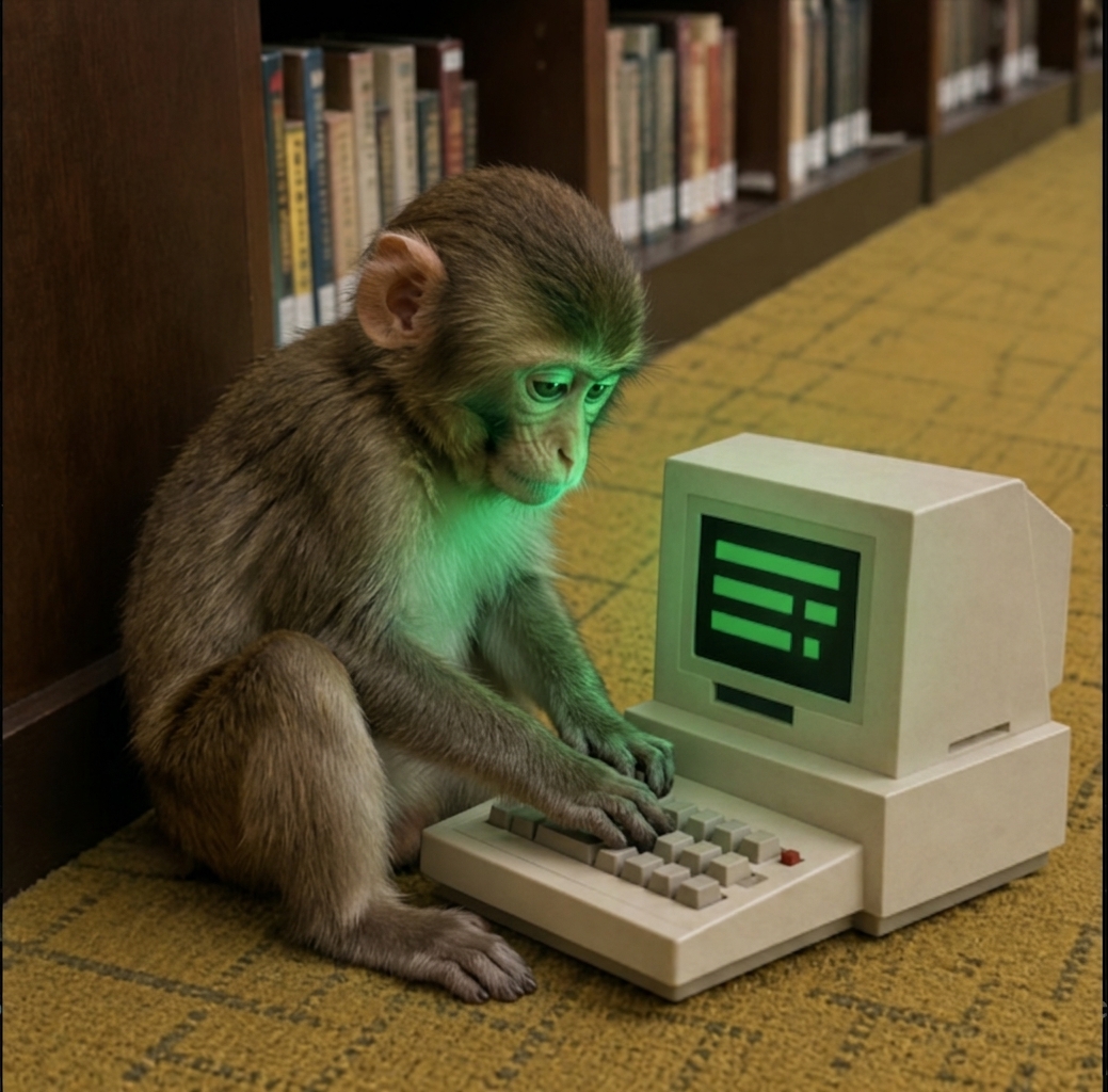 An ape sits at an old green-screen library computer instead of a phone